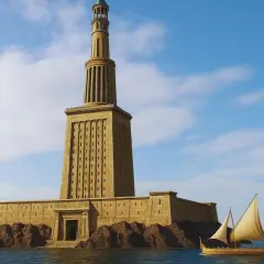 El majestuoso faro de Alejandría se alza sobre rocas, guiando a un antiguo barco de vela en el mar azul bajo un cielo nublado.