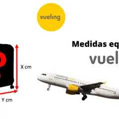Medidas equipaje de mano Vueling: maleta negra con signo de interrogación y flechas indicando X, Y, Z cm. Avión Vueling al lado.