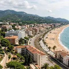 Vista aérea de una ciudad costera con edificios, playa y mar azul. Las **zenhotels opiniones** de este lugar sugieren una estancia relajante.