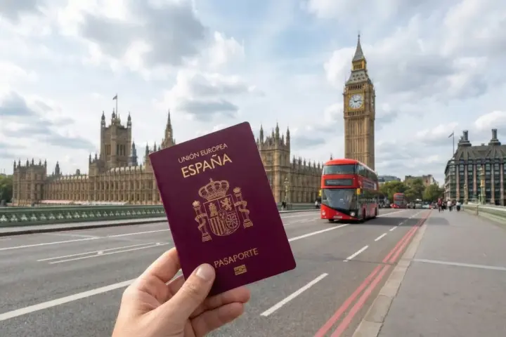 Pasaporte español en mano, listo para viajar a Londres. Al fondo, el Big Ben y el Parlamento.