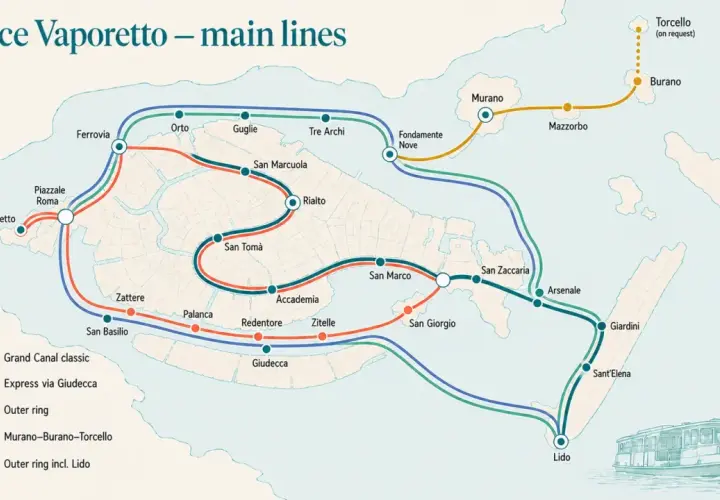Mapa de rutas del vaporetto en Venecia, mostrando el Gran Canal y líneas a Murano y Burano.