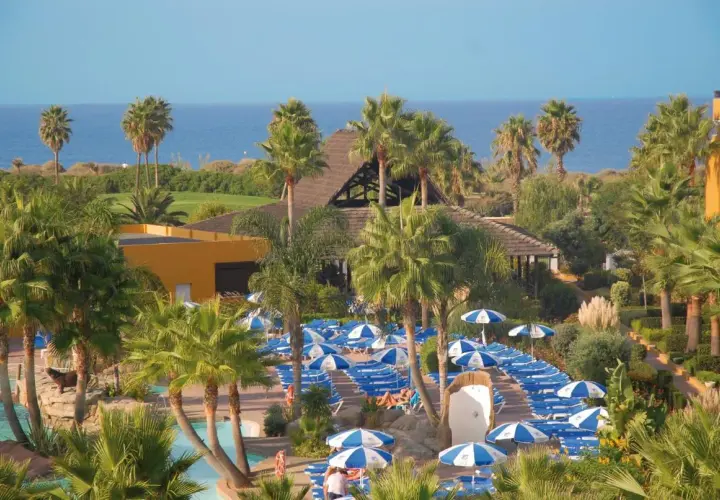 Vista aérea del hotel Playa Ballena con palmeras, piscinas y tumbonas bajo sombrillas azules y blancas.
