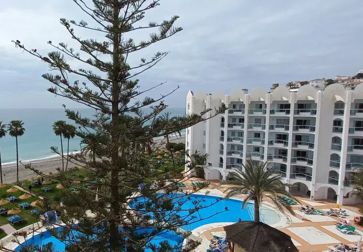 Vista de un hotel con piscina y playa, con palmeras y un pino en primer plano. Un día nublado en las **marinas de Nerja**.