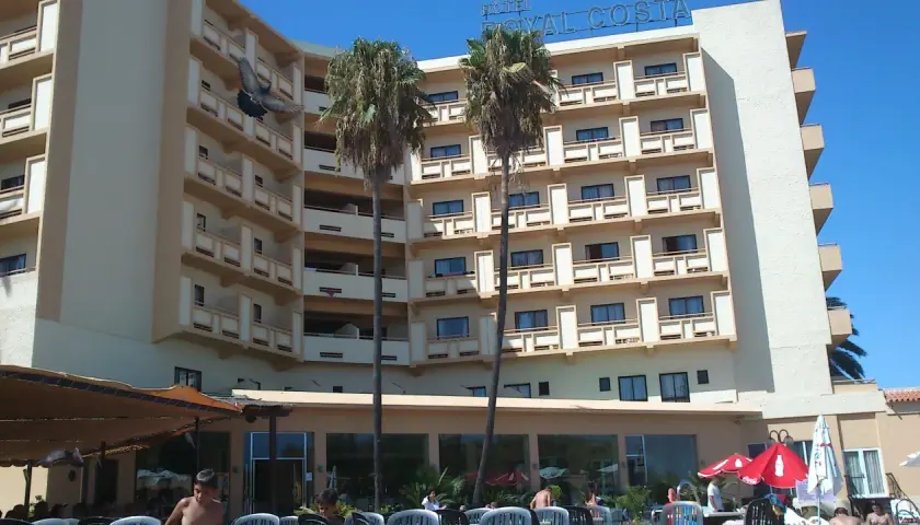 Paloma vuela frente al Hotel Royal Costa, un edificio de varios pisos con balcones y palmeras.