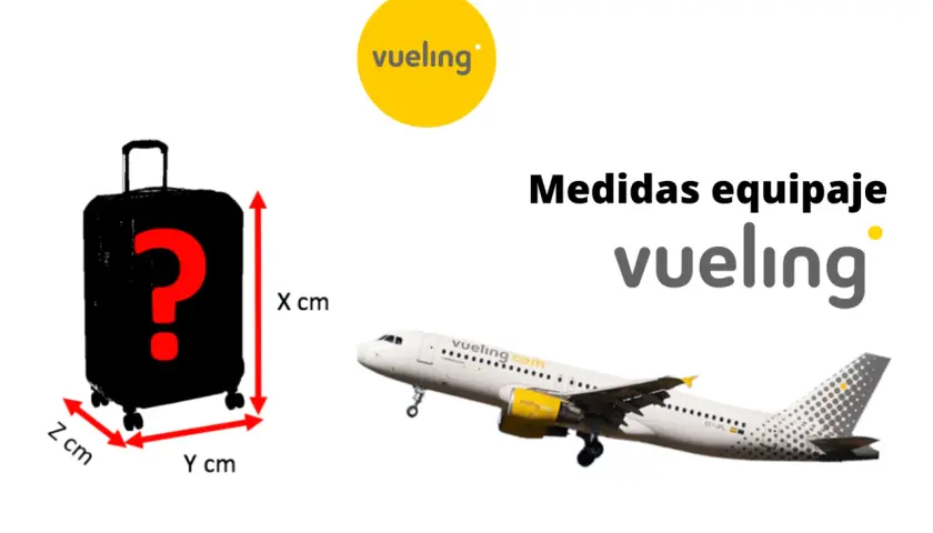 Medidas equipaje de mano Vueling: maleta negra con signo de interrogación y flechas indicando X, Y, Z cm. Avión Vueling al lado.