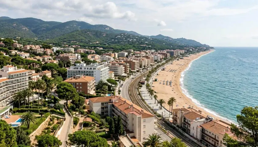 Vista aérea de una ciudad costera con edificios, playa y mar azul. Las **zenhotels opiniones** de este lugar sugieren una estancia relajante.