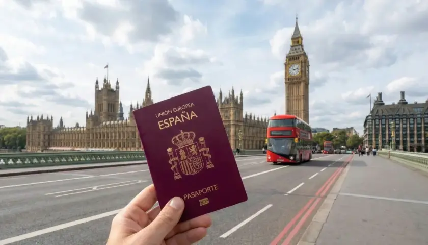 Pasaporte español en mano, listo para viajar a Londres. Al fondo, el Big Ben y el Parlamento.