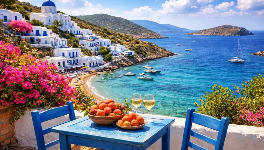 Un perfecto día de viaje a las islas griegas: mesa azul con fruta y vino, frente a un mar turquesa y casas blancas en la ladera.
