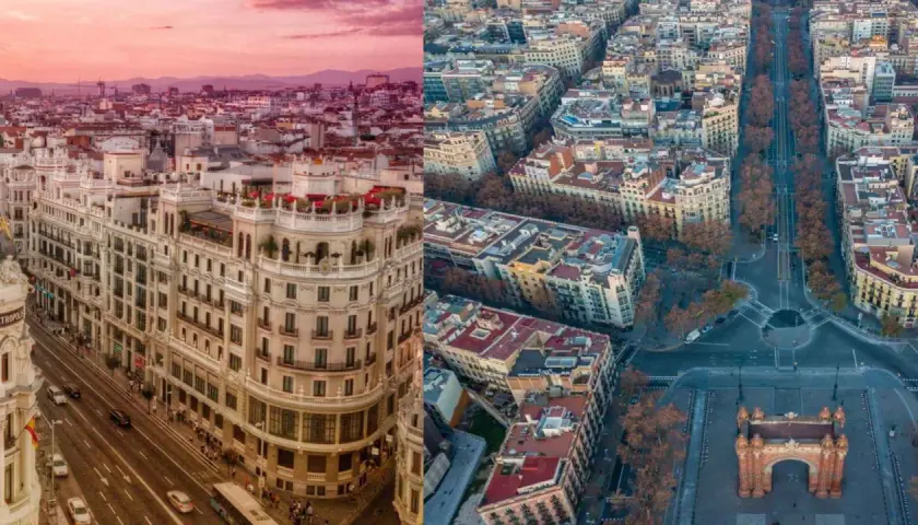 Vista aérea de edificios en Madrid al atardecer y una calle arbolada con el Arco del Triunfo en Barcelona.