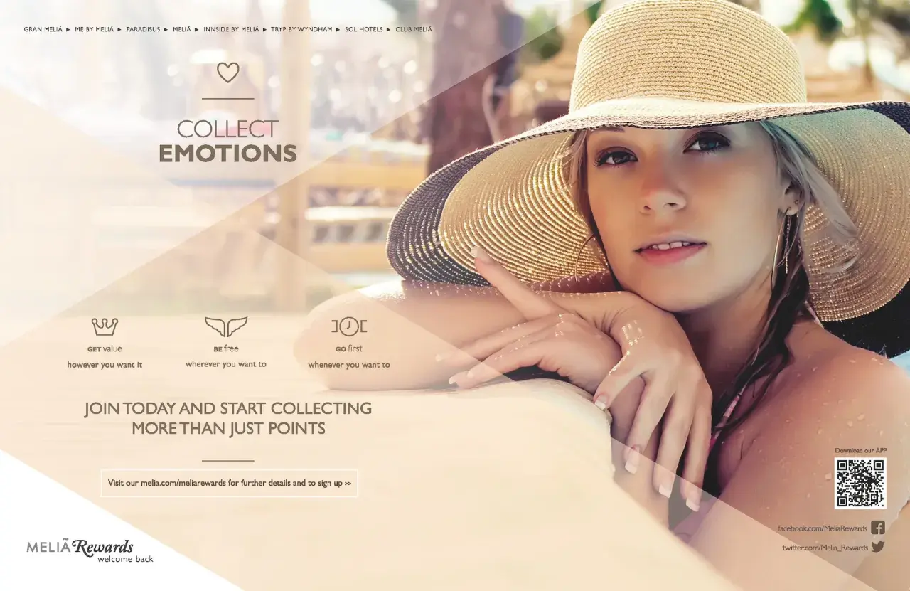 Mujer con sombrero de paja disfruta del sol, invitando a coleccionar emociones con MeliáRewards.