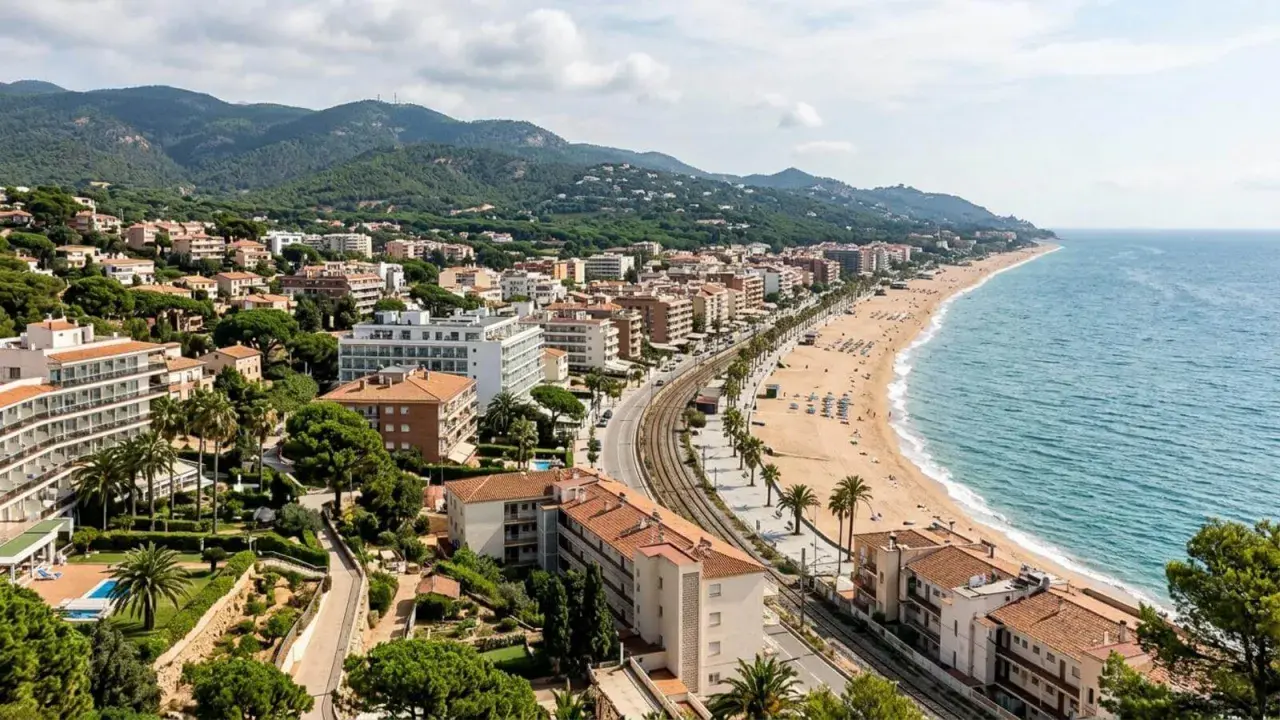 Vista aérea de una ciudad costera con edificios, playa y mar azul. Las **zenhotels opiniones** de este lugar sugieren una estancia relajante.