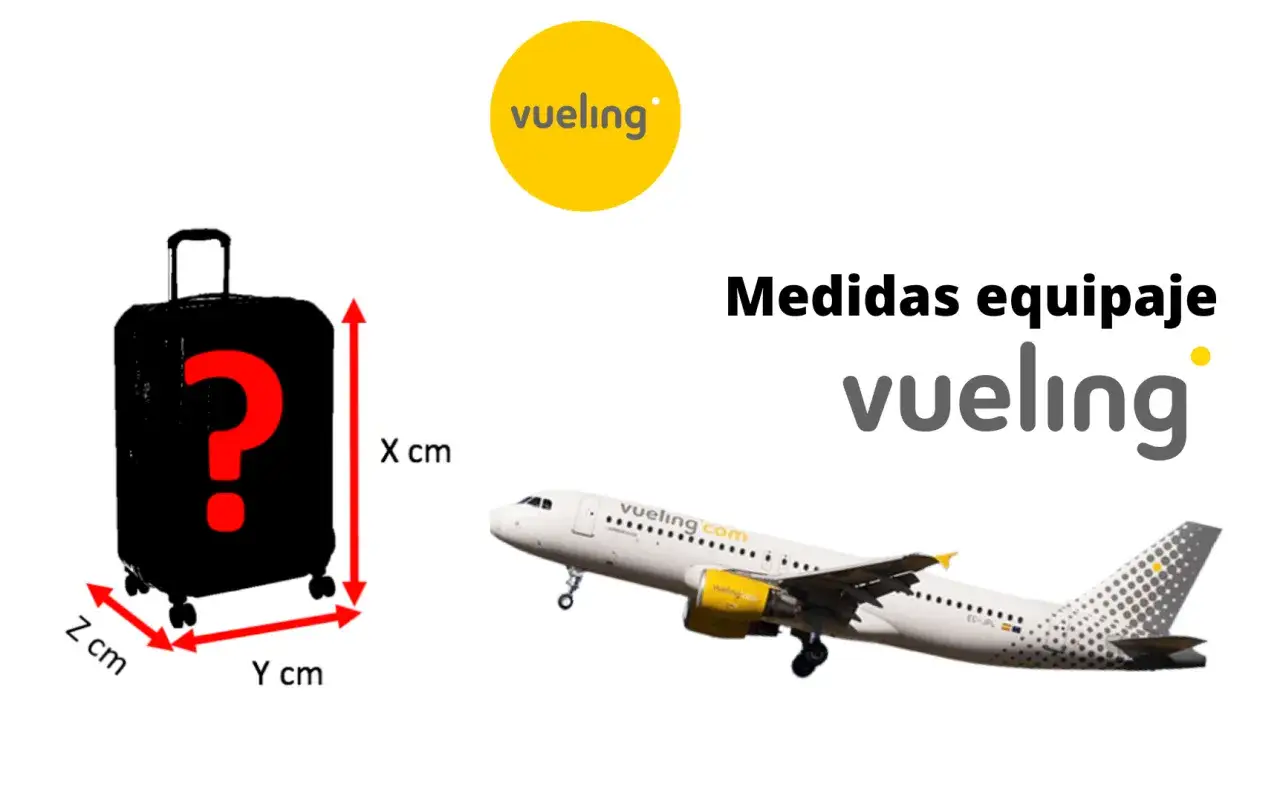 Maleta con signo de interrogación y flechas indicando medidas X, Y, Z. Avión Vueling. Medidas equipaje de mano Vueling.