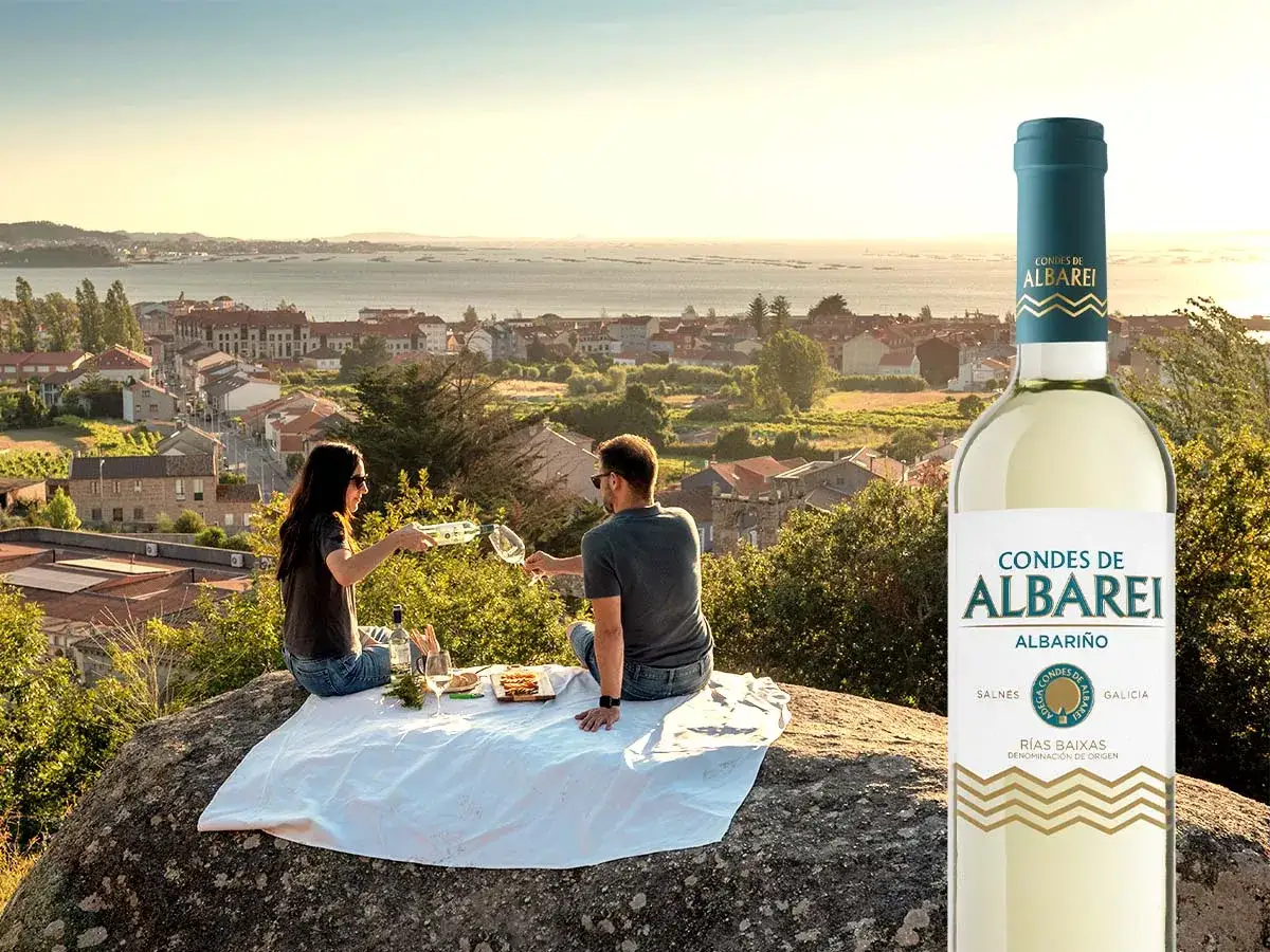 Pareja brinda con Albariño en Galicia, ideal para tu plan de qué ver en Galicia en 5 días.