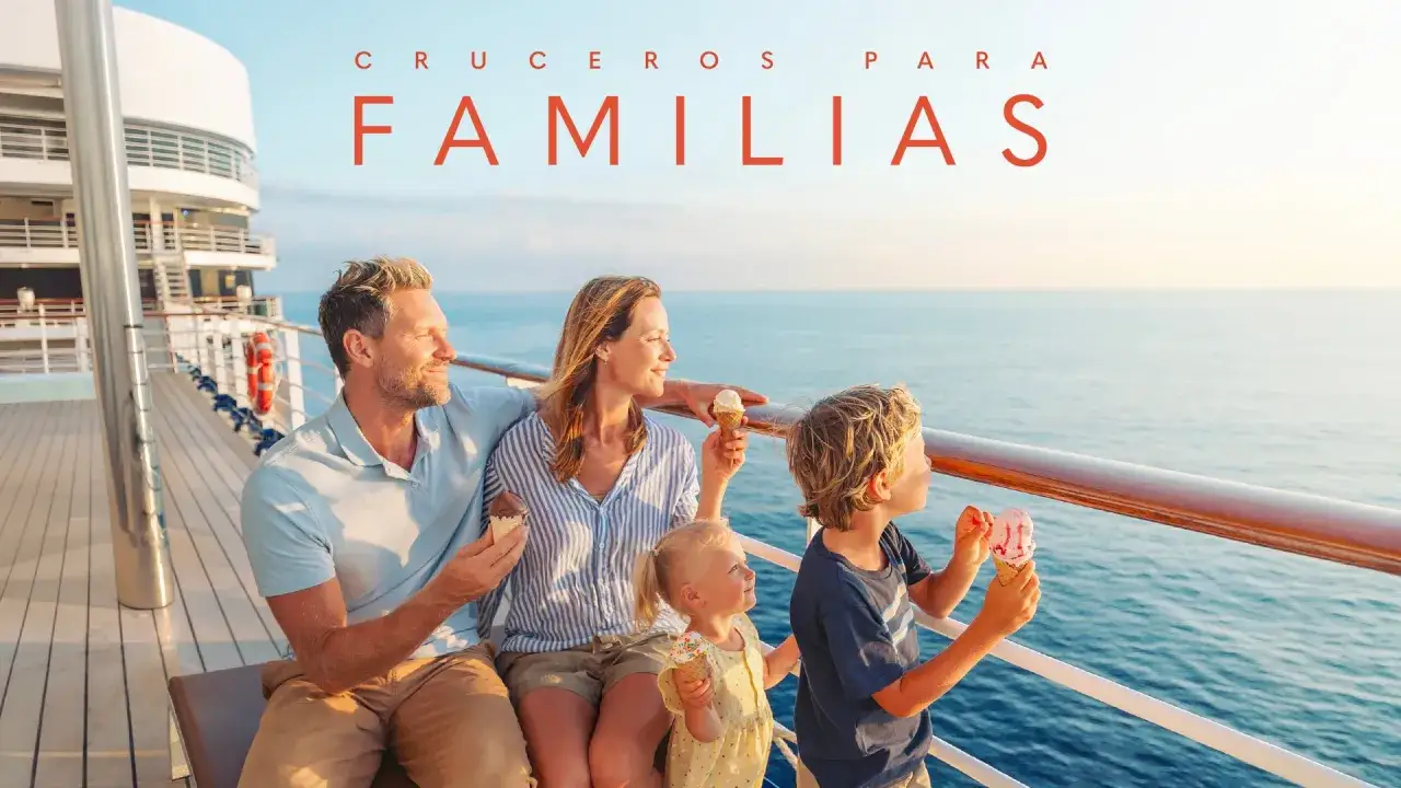 Familia disfrutando helados en un crucero, ideal para viajes con niños. El mar azul y el sol crean un ambiente perfecto.