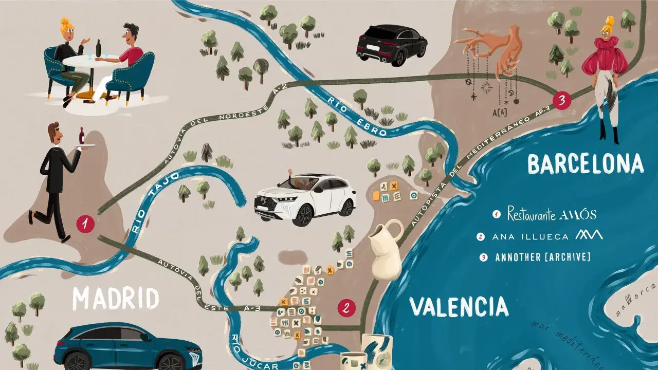 Mapa ilustrado de España con rutas de coche entre Madrid, Valencia y Barcelona. Incluye ríos, carreteras y elementos culturales.